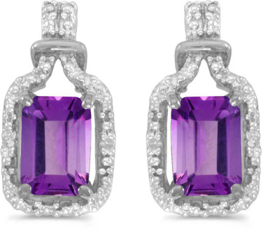 Image of 14k White Gold Emerald-cut Amethyst And Diamond Stud Earrings