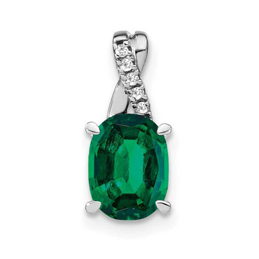 Image of 14K White Gold Oval Created Emerald & Diamond Pendant