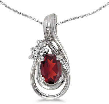 14k White Gold Oval Garnet And Diamond Teardrop Pendant (Chain NOT included)