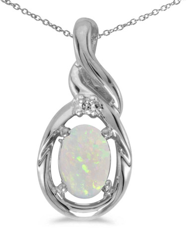 Image of 14k White Gold Oval Opal And Diamond Pendant (Chain NOT included) (CM-P1241XW-10)