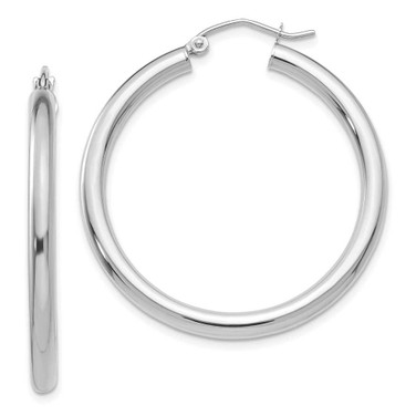 Image of 35mm 14K White Gold Polished 3mm Lightweight Tube Hoop Earrings T848L