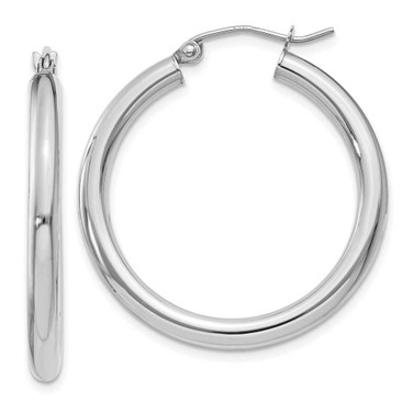 Image of 30mm 14K White Gold Polished 3mm Tube Hoop Earrings T849