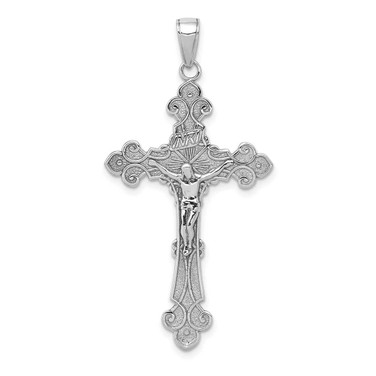 Image of 14K White Gold Polished Textured INRI Crucifix Fleur De Lis Pendant