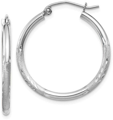 Image of 25mm 14K White Gold Satin & Shiny-Cut 2mm Round Hoop Earrings TC197