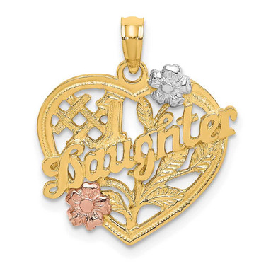 Image of 14k Yellow & Rose Gold with Rhodium #1 Daughter on Heart w/ Flower Pendant