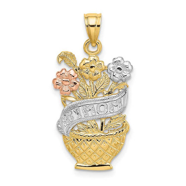 Image of 14k Yellow & Rose Gold with Rhodium #1 Mom Banner Flower Basket Pendant