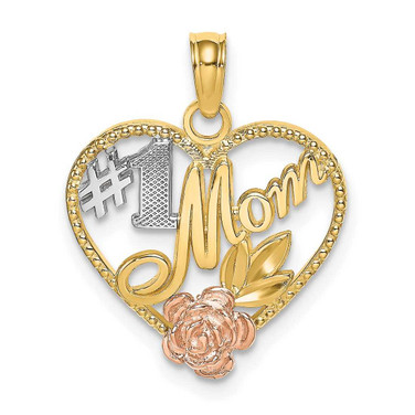 Image of 14k Yellow & Rose Gold with Rhodium Beaded Heart w/ #1 Mom Pendant