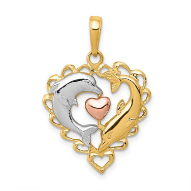 Image of 14k Yellow & Rose Gold with Rhodium Dolphins in Heart Pendant