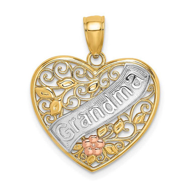 Image of 14k Yellow & Rose Gold with Rhodium Grandma In Filigree Heart w/ Flowers Pendant