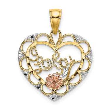 Image of 14k Yellow & Rose Gold with Rhodium I Love You In Heart w/ Flower Pendant