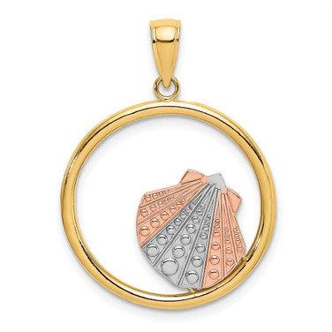 Image of 14k Yellow & Rose Gold with Rhodium Scallop Shell In Round Frame Pendant