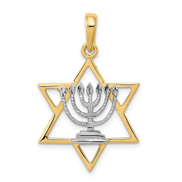 Image of 14K Yellow Gold & Rhodium Solid Menorah In Star Of David Pendant