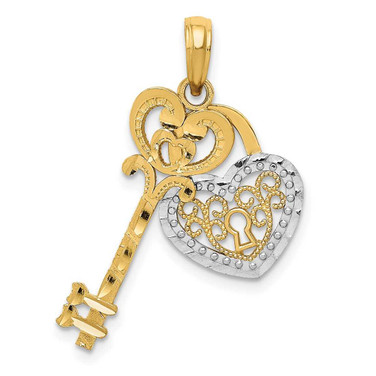 Image of 14K Yellow Gold & White Rhodium Polished Filigree Heart Key & Heart Lock Pendant