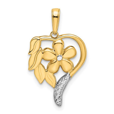 Image of 14k Yellow Gold & White Rhodium Shiny-Cut Floral Heart Pendant