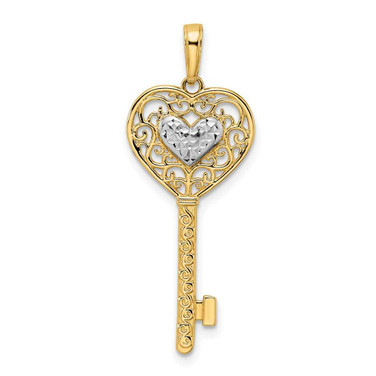 Image of 14k Yellow Gold & White Rhodium Shiny-Cut Heart Filigree Key Pendant