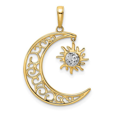 Image of 14k Yellow Gold & White Rhodium Shiny-Cut Moon & Dangle Sun Pendant