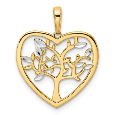 Image of 14k Yellow Gold & White Rhodium Shiny-Cut Tree of Life Heart Pendant