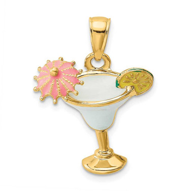 Image of 14K Yellow Gold 2-D Enameled Margarita Drink w/ Umbrella & Lime Pendant
