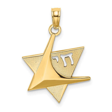 Image of 14K Yellow Gold 2-D Polished Jewish Star Of David w/ Chai Pendant