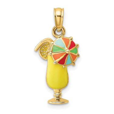 Image of 14K Yellow Gold 2D Yellow Enameled Tropical Drink Multi-Colored Umbrella Pendant