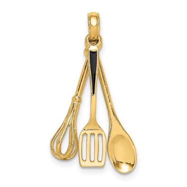 Image of 14K Yellow Gold 3-D Enamel Spatula, Wooden Spoon, Whisk Moveable Pendant