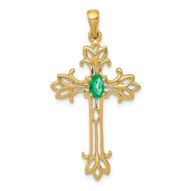 Image of 14K Yellow Gold 5x3mm Oval Emerald cross pendant
