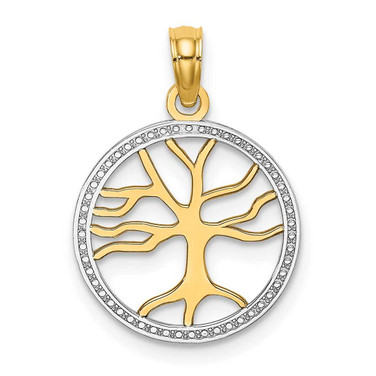 Image of 14K Yellow Gold and Rhodium 3-D Tree Of Life In Round Frame Pendant