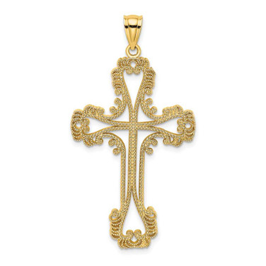 Image of 14K Yellow Gold Beaded Cut-Out Cross w/ Swirled Design Pendant