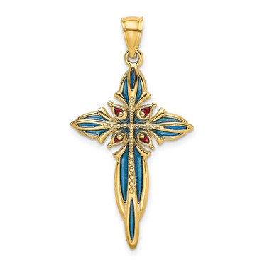 Image of 14K Yellow Gold Blue & Red Stained Glass Cross Pendant