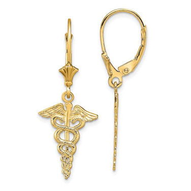 Image of 33.6mm 14K Yellow Gold Caduceus Leverback Earrings