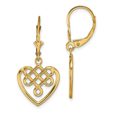 Image of 33.1mm 14K Yellow Gold Celtic Knot Heart Leverback Earrings