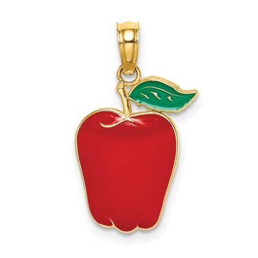 Image of 14K Yellow Gold Enamel Red Delicious Apple W/Stem and Leaf Pendant