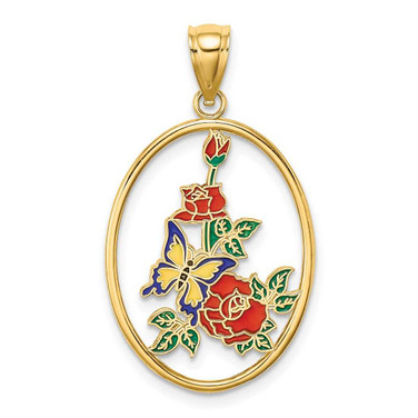 Image of 14K Yellow Gold Enamel Yellow Butterfly In Oval Red Flower Pendant