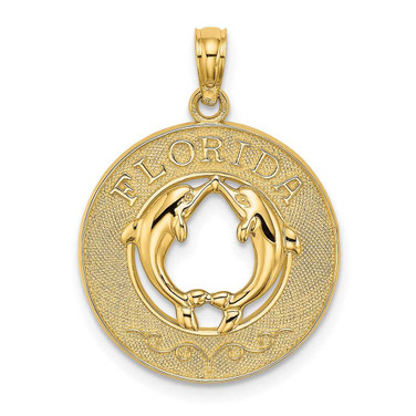 Image of 14K Yellow Gold Florida On Round Frame w/ Dolphins Pendant