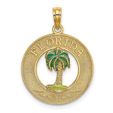 Image of 14K Yellow Gold Florida Round Frame w/ Green Enamel Palm Tree Pendant