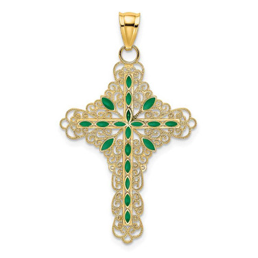 Image of 14K Yellow Gold Green Enamel Filigree Cross Pendant