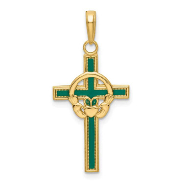 Image of 14K Yellow Gold Green Enameled Claddagh Cross Pendant