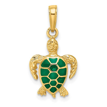Image of 14k Yellow Gold Green Enameled Sea Turtle Pendant K3309GN