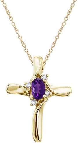 Image of 14K Yellow Gold Oval Amethyst & Diamond Cross Pendant (Chain NOT included)