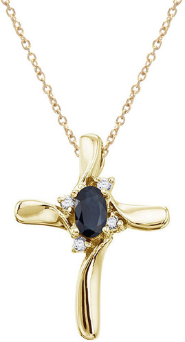 14K Yellow Gold Oval Sapphire & Diamond Cross Pendant (Chain NOT included)