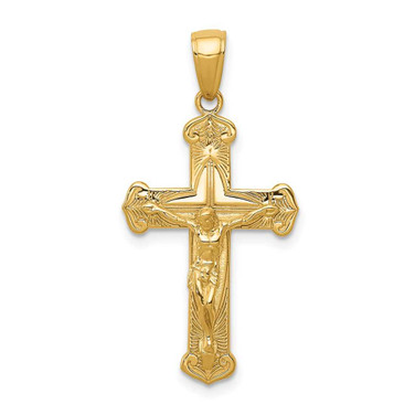 Image of 14K Yellow Gold Polished & Textured Crucifix w/ Jesus On Engraved Cross Pendant