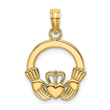 Image of 14K Yellow Gold Polished & Textured Round Claddagh Pendant