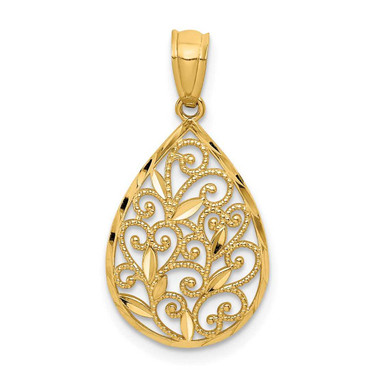 Image of 14K Yellow Gold Polished & Textured Small Filigree Teardrop Pendant
