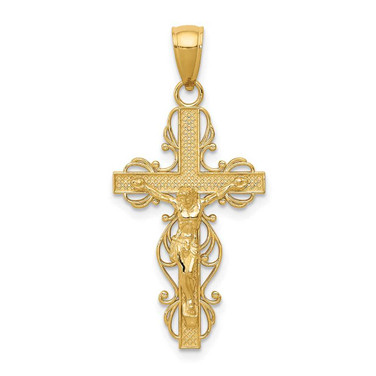 Image of 14K Yellow Gold Polished Crucifix w/ Lace Trim Pendant