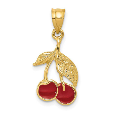 Image of 14K Yellow Gold Polished Red Enameled Cherries Pendant