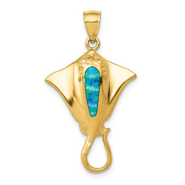 Image of 14K Yellow Gold Polished w/ Lab-Created Blue Opal Stingray Pendant