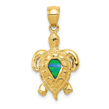 Image of 14K Yellow Gold Polished w/ Lab-Created Blue Opal Turtle Pendant
