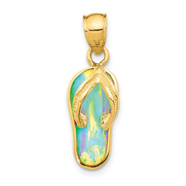 Image of 14K Yellow Gold Polished w/ Lab-Created Opal Flip Flop Pendant