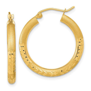 Image of 26.57mm 14K Yellow Gold Polished, Satin & Shiny-Cut Hoop Earrings TF1043