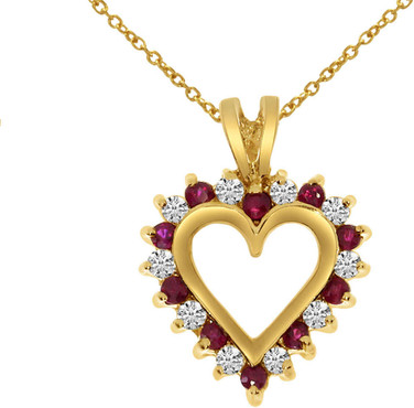 14K Yellow Gold Round Ruby & Diamond Heart Shaped Pendant (Chain NOT included)